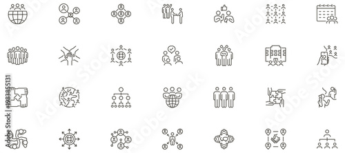 Networking icon set. Collaboration, communication, connection, business relations, community, social network, relationship. Thin line editable stroke vector outline illustrations.