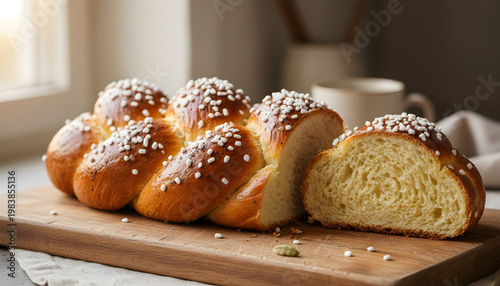 Braided pulla bread with pearl sugar on cutting board