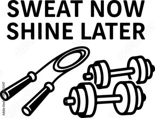 Fitness motivation, gym accessories, dumbbells and jump rope, workout phrase