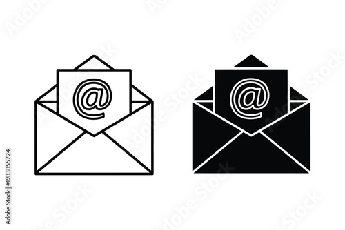 Open envelope with email symbol on paper, vector illustration in outline and solid black style