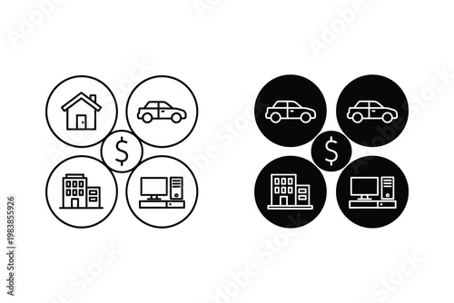 Financial Investment Icons: House, Car, Office Building, Computer with Dollar Sign Vector Illustration