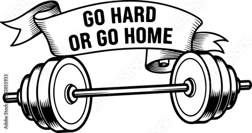 Fitness motivation quote, gym banner, go hard or go home, workout vector, barbells