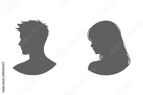 Silhouette profile icons of a man and woman simple vector avatar placeholders isolated on white background