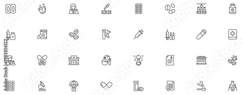 Pharmaceutical line editable icon set. Contain icons related to medial and pharmacy. Editable stroke.