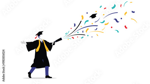 Graduation Celebration with Confetti Popper and Flying Cap, Academic Achievement Success Vector Illustration