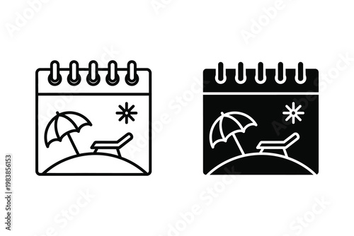 Beach vacation calendar illustration, sun, umbrella, deck chair symbols, flat design vector