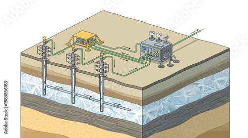 An illustration of a cross-section of an oil or gas drilling site.
