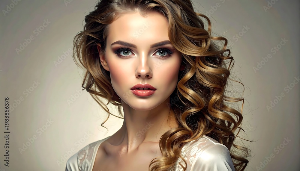 Fototapeta premium A beautiful woman with curly hair and makeup