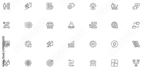 Processing Optimization Workflow icon set. Outline Icon Collection. Editable stroke.