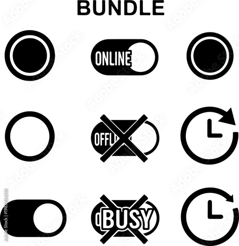 Vector status icons, online offline symbols, busy toggle buttons, black and white set