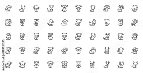 Dog breeds icon set. Vector illustration pack of 50 different dog types. Minimal flat design icons for pets, animals, kennel, veterinary and more.