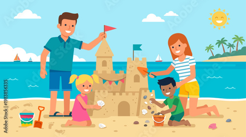 A delightful flat design illustration of a family collaborating to build an elaborate sandcastle on a sun-drenched beach during their summer holiday. This cheerful scene captures the essence of shared