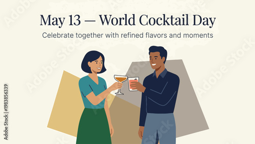 An illustration of a man and a woman toasting with cocktails to celebrate World Cocktail Day on May 13th.