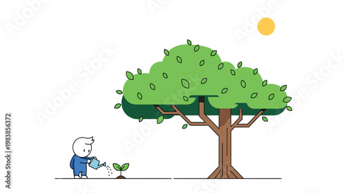 Growth and Nurturing: Person watering a small plant beside a large tree, symbolizing environmental care and development under the sun.