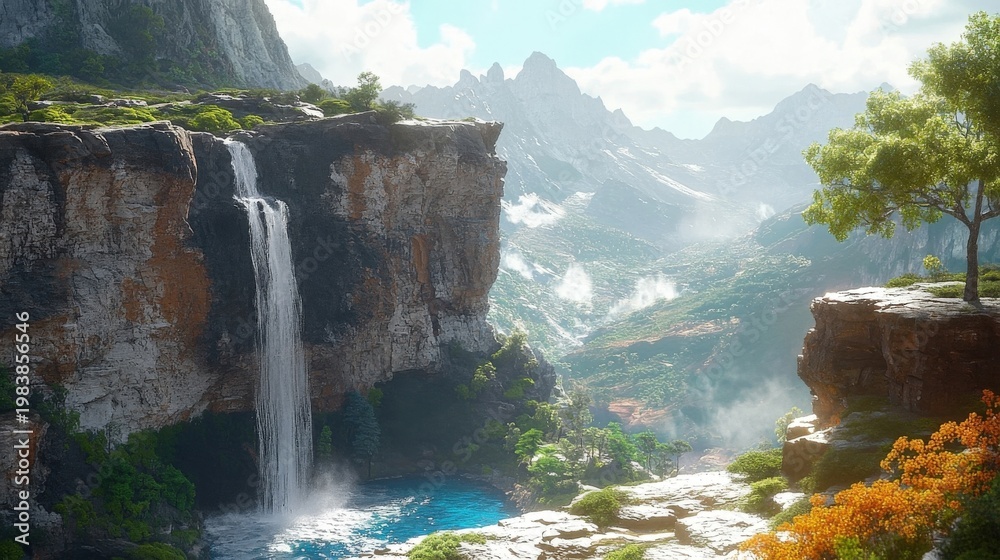 Fototapeta premium Voxel landscape waterfall cascading into turquoise water with distant misty mountains bathed in