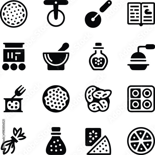 Pizza cooking and preparation icon set featuring pizza cutters, recipe book, mortar pestle, spice jars, cheese slices, and kitchen utensils, cad drawing flat vector illustration.
