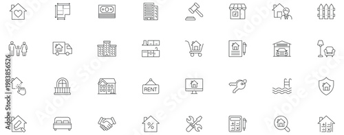 Real estate icon set. Containing realty, property, mortgage, home loan, rent, building, agent, house, realtor, home sale and more. Editable line icons.