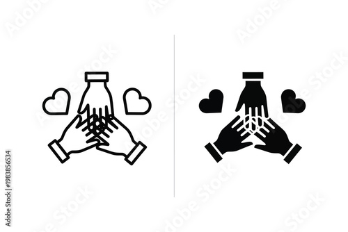 Three hands clasped together in unity and support, with hearts symbolizing love and teamwork, flat design vector illustration