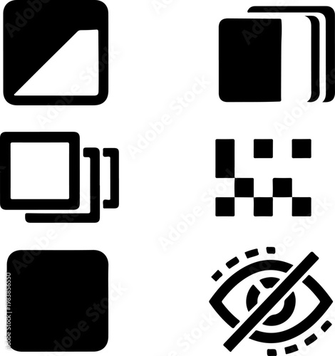 Black icons set, photo editing symbols, graphic design elements, vector graphics