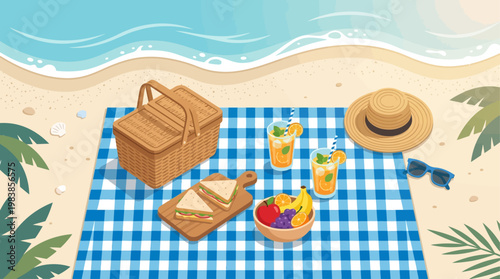 An inviting flat design illustration of a perfect summer beach picnic, complete with a checkered blanket, delicious food, and refreshing drinks. 