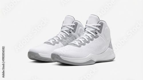 A pair of clean white and grey high-top basketball shoes are displayed against a white background.