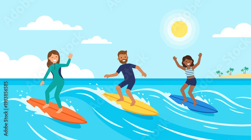 A vibrant flat design illustration capturing several people happily riding the wave, surfboarding at the summer beach. This scene embodies the energetic fun of a summer holiday at the beach.