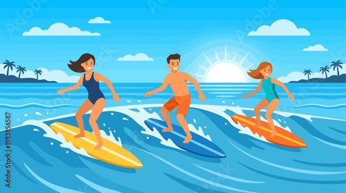 A vibrant flat design illustration capturing several people happily riding the wave, surfboarding at the summer beach. This scene embodies the energetic fun of a summer holiday at the beach.