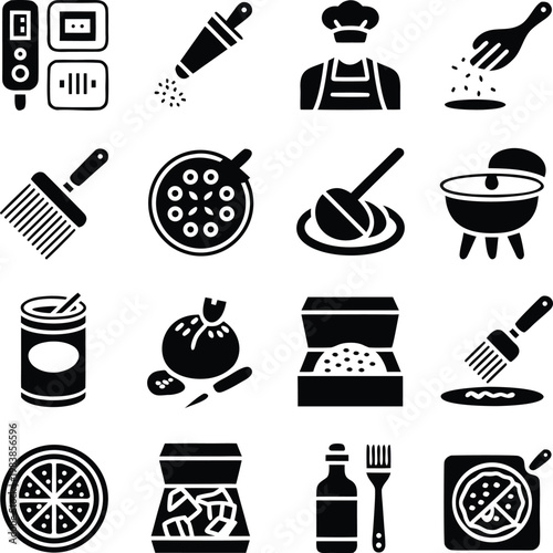 Professional pizza preparation icon set featuring chef avatar, seasoning tools, takeout boxes, sliced pizza, cooking thermometers, oil bottles, and kitchen accessories, cad drawing flat vector illustr