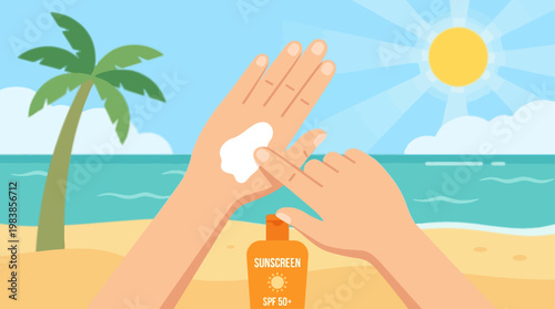 This flat design illustrates the important act of applying sunscreen on a sunny beach, emphasizing sun protection during a summer holiday. It's a simple yet crucial aspect of a beach vacation.
