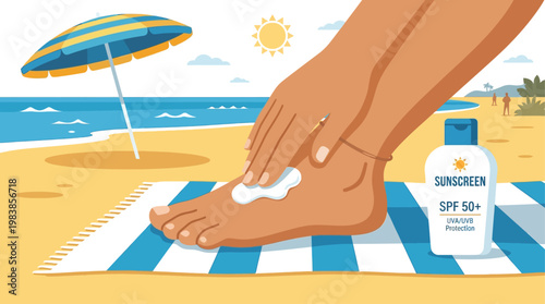 This flat design illustrates the important act of applying sunscreen on a sunny beach, emphasizing sun protection during a summer holiday. It's a simple yet crucial aspect of a beach vacation.
