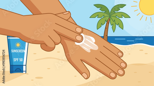 This flat design illustrates the important act of applying sunscreen on a sunny beach, emphasizing sun protection during a summer holiday. It's a simple yet crucial aspect of a beach vacation.
