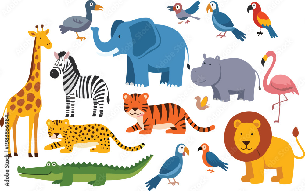 Naklejka premium Wild Animal Cartoon Set with Elephant, Lion, Zebra, Giraffe, Tiger, Crocodile, Birds and Safari Wildlife Illustration Collection