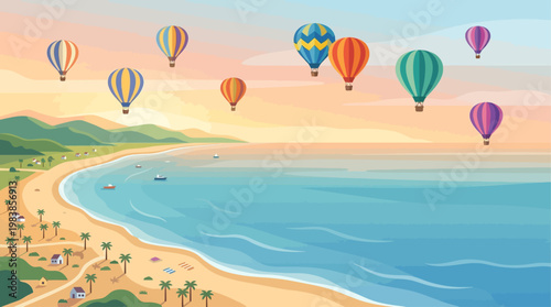 A breathtaking flat design illustration featuring colorful hot air balloons gracefully drifting over a beautiful beach and ocean landscape at dawn. 