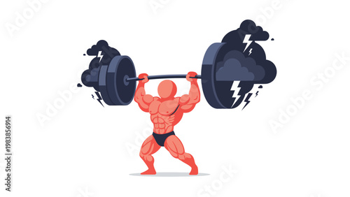 Muscular figure lifting heavy storm cloud barbell, representing strength, burden, and triumph over adversity