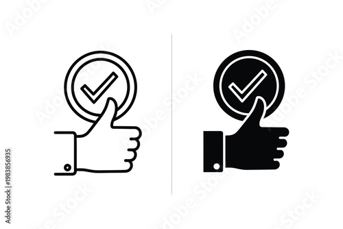 Thumbs Up Hand with Check Mark Coin Approval Vector Illustration Flat Design