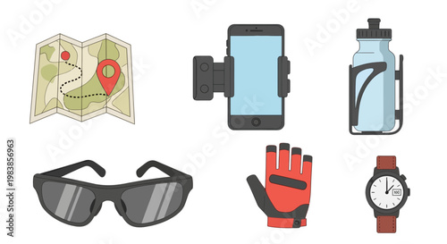 Outdoor Adventure Gear Setup with Map Sunglasses and Hydration