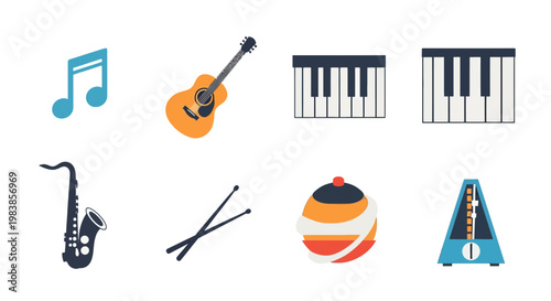 Music Instruments Set with Guitar Keyboard Drums and Saxophone