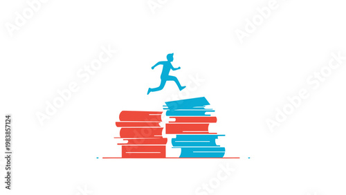Educational progress: Person jumping over book stacks, symbolizing learning, knowledge, and academic achievement