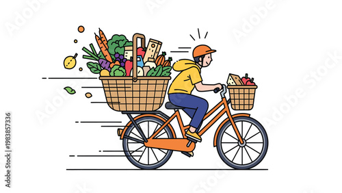 Eco-friendly grocery delivery by bicycle. Cyclist transporting fresh produce and goods in baskets. Urban food service concept.