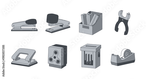 Collection of Office and Stationery Equipment in Gray Tones