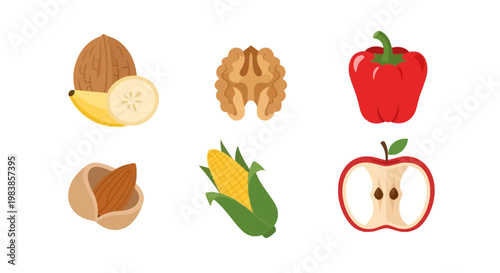 Fresh Assorted Fruit and Nut Collection with Apple, Banana, Walnut, Almond, Corn, and Pear