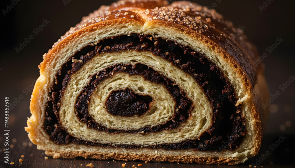 Fototapeta premium Slice of chocolate babka bread showing sweet swirl layers