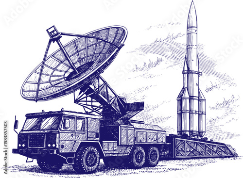 Surface-to-Air Missile System with Radar Dish and Launcher Vehicle, Sketch Hand Drawn