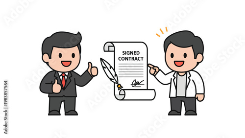 Successful Business Deal. Two cheerful cartoon businessmen with a signed contract and thumbs-up, symbolizing agreement and partnership.