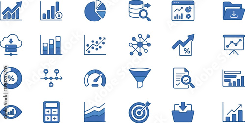Collection of business analytics and finance icons for data analysis and statistics
