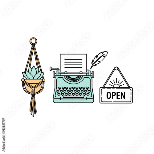 Boho plant, vintage typewriter, and open sign - creative workspace illustration