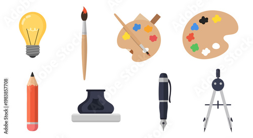 Assorted Art Supplies and Creative Tools for Design and Painting