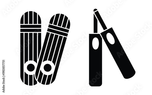Black and white illustration of cricket bats and a ball simple design