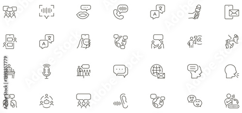 Speaking icons set. Communication icon symbols for talking, conversation, consultation, conference, voice, speech bubble and public speaking. Thin line editable stroke vector.