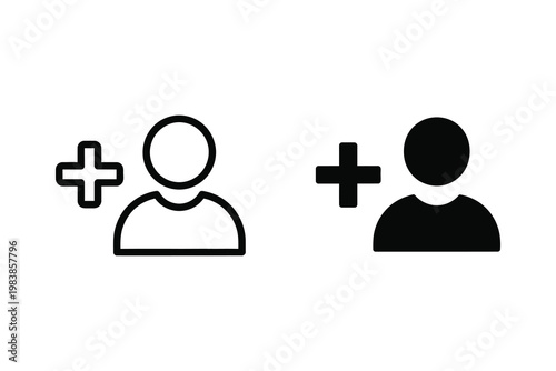 User profile icon with plus symbol, outline and filled, vector illustration